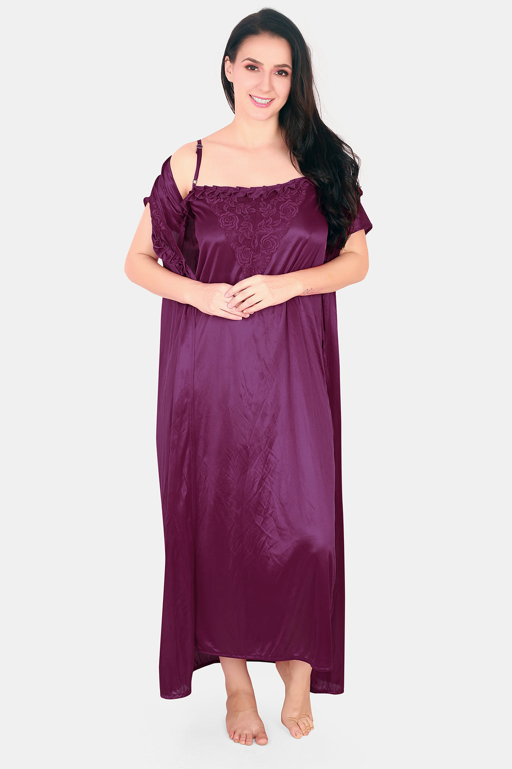 Solid Satin Nighty with Robe for Women Wine Front