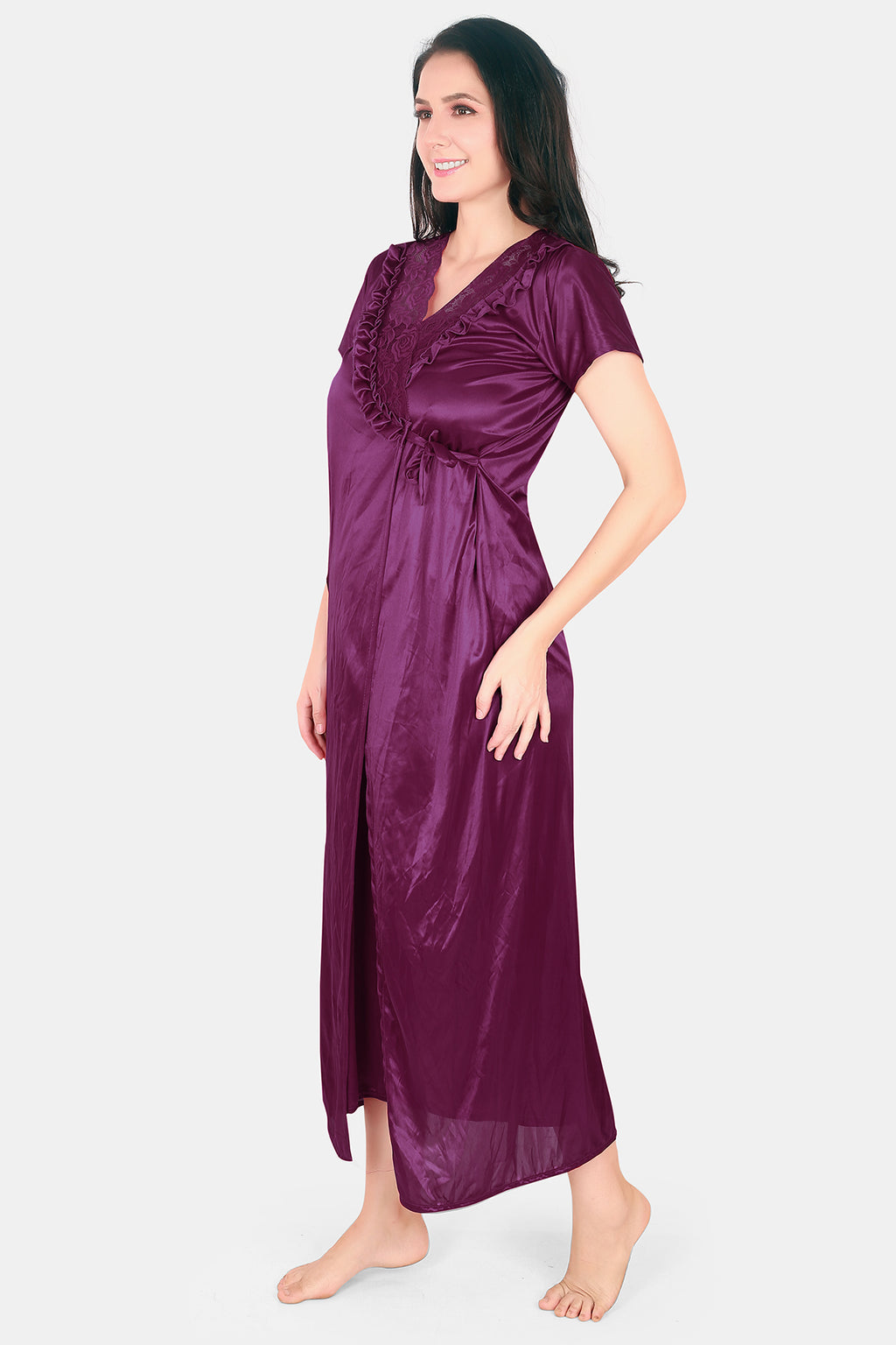 Solid Satin Robe for Women Wine 