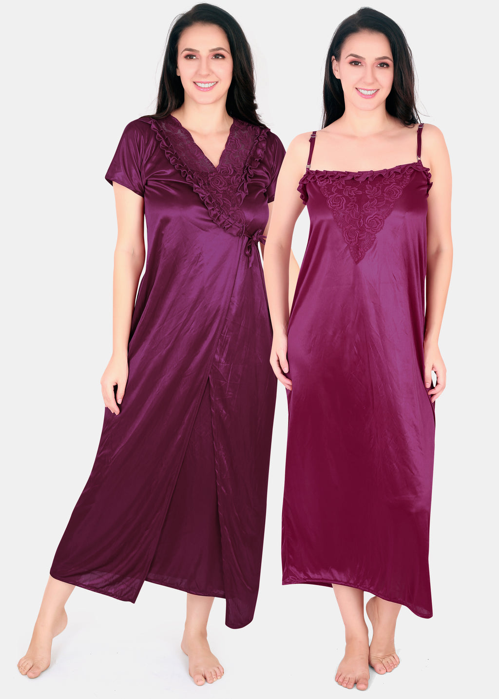 Solid Satin Nighty with Robe for Women Wine 
