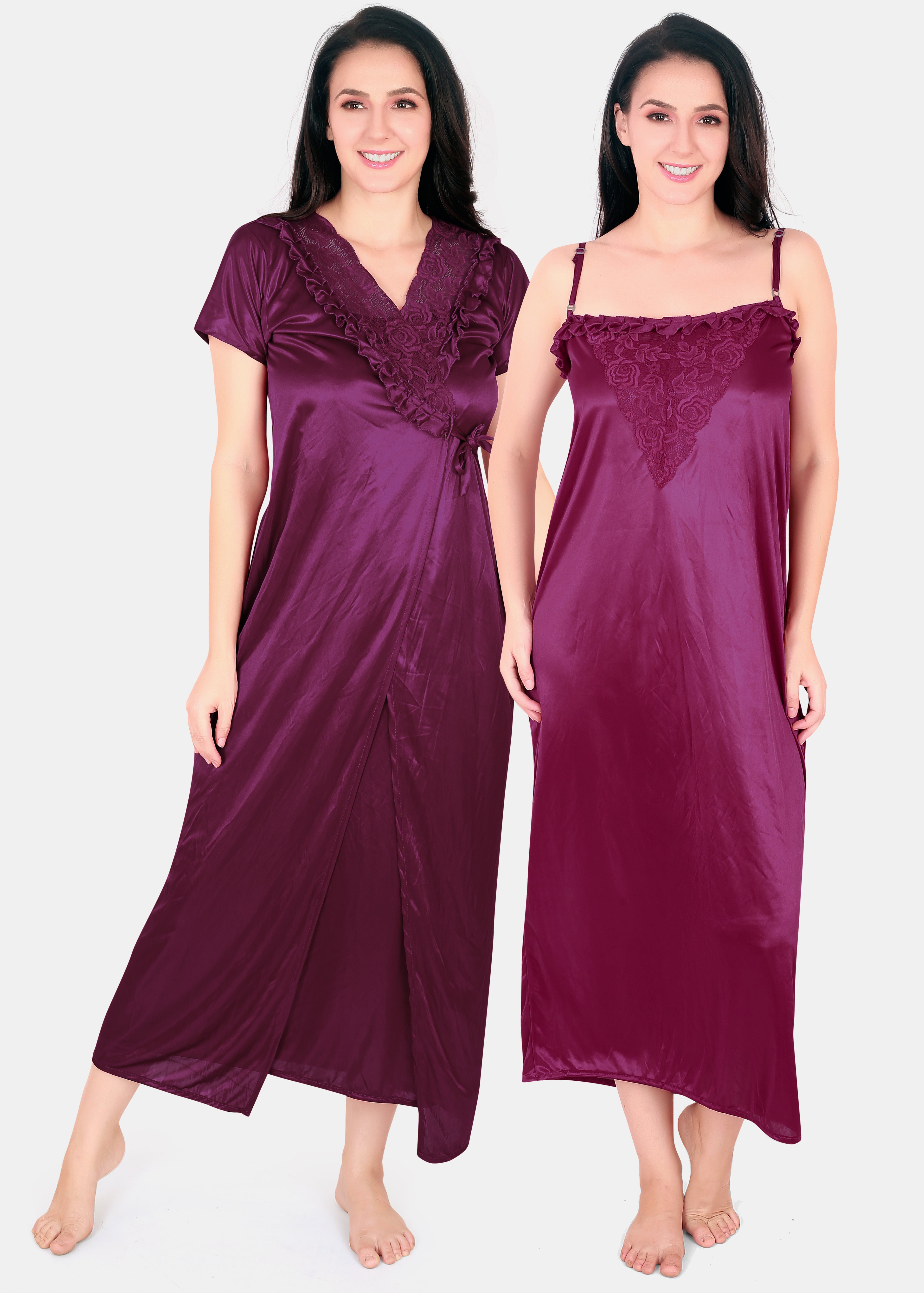 Solid Satin Nighty with Robe for Women Wine 
