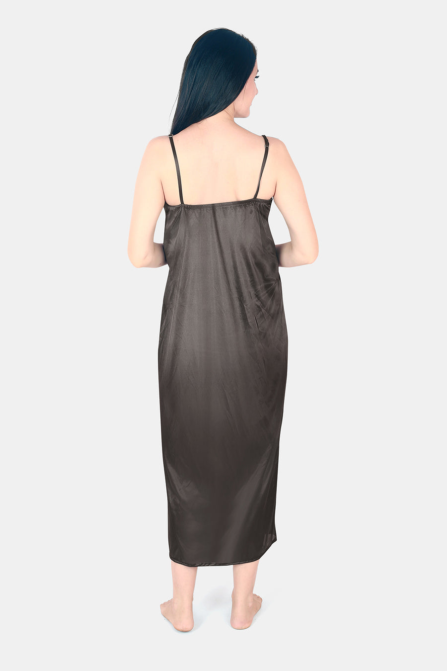 Dark Grey Solid Satin Nighty with Robe for Women