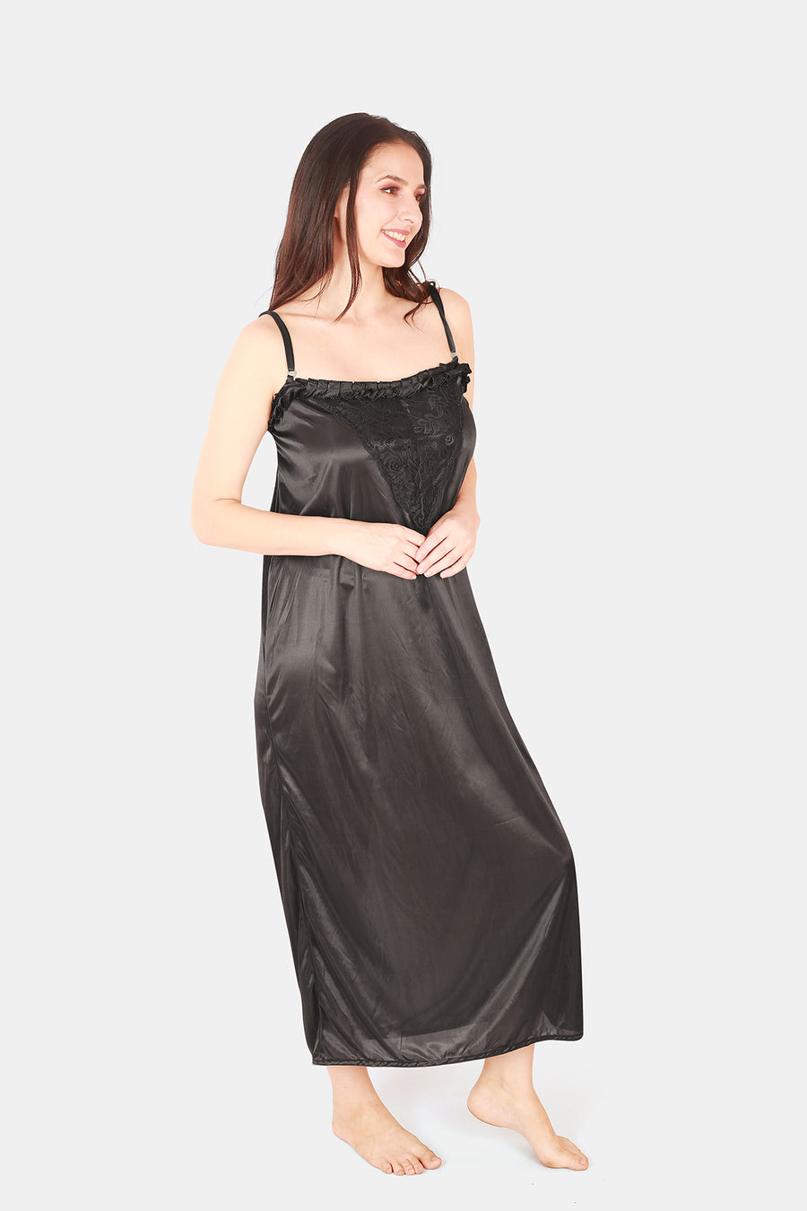 Dark Grey Solid Satin Nighty with Robe for Women