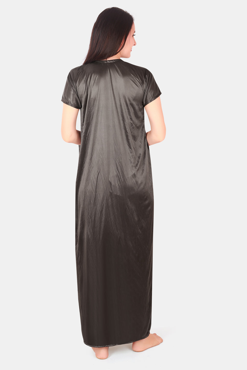 Dark Grey Solid Satin Nighty with Robe for Women