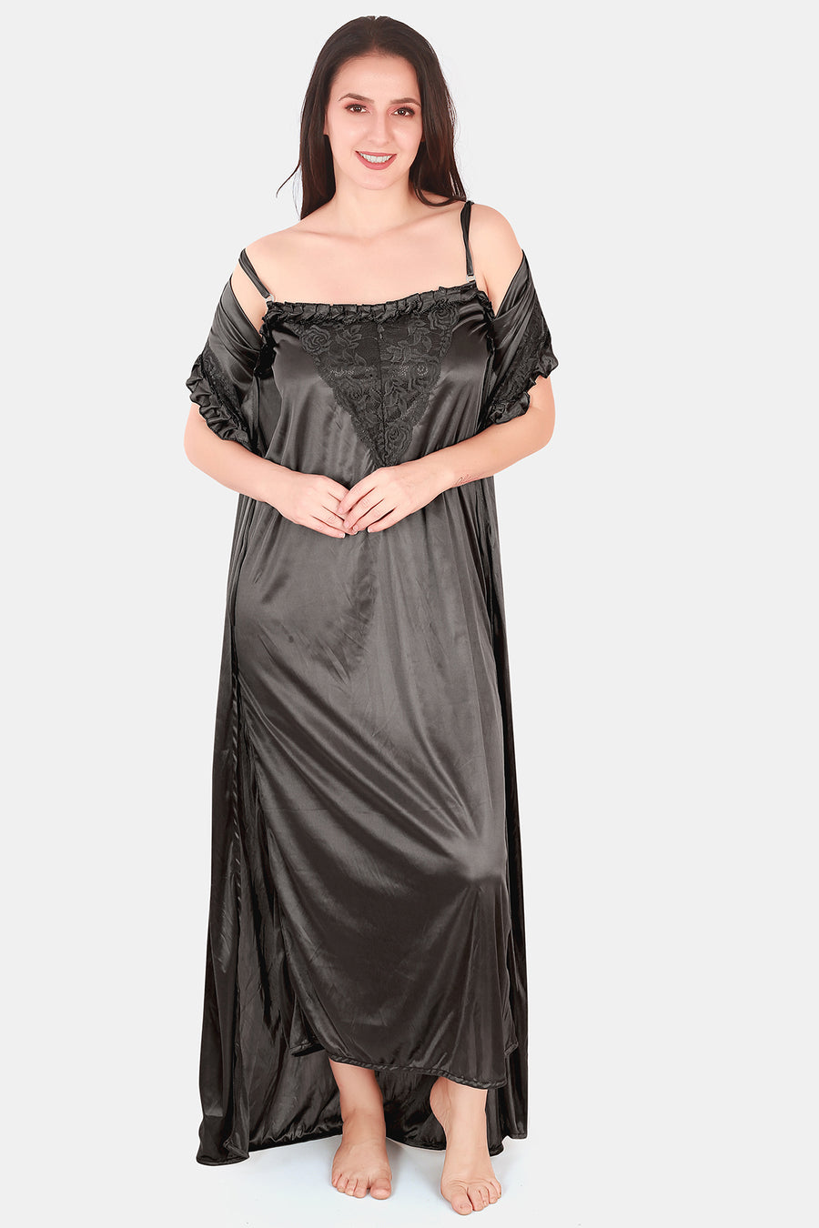 Dark Grey Solid Satin Nighty with Robe for Women