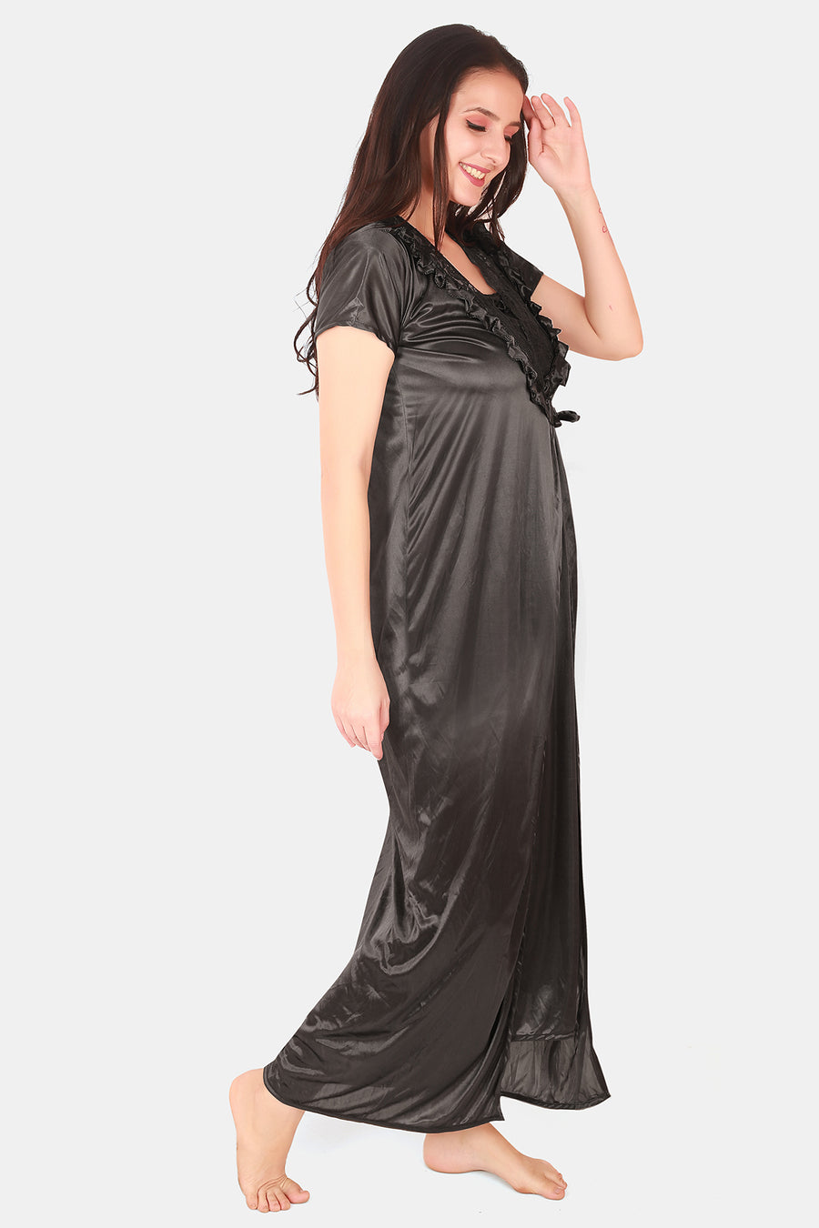 Dark Grey Solid Satin Nighty with Robe for Women