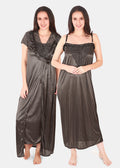 Dark Grey Solid Satin Nighty with Robe for Women