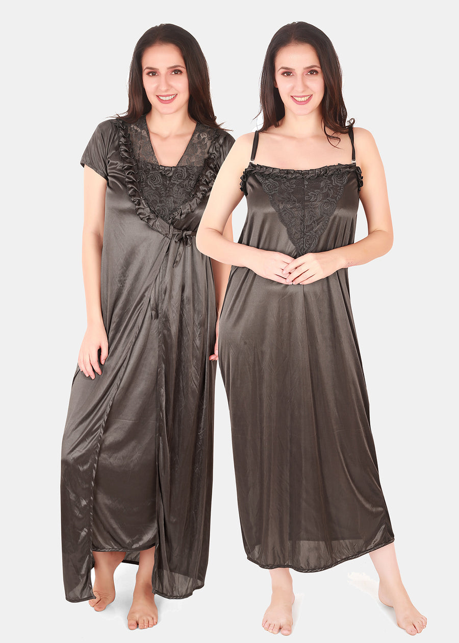 Dark Grey Solid Satin Nighty with Robe for Women