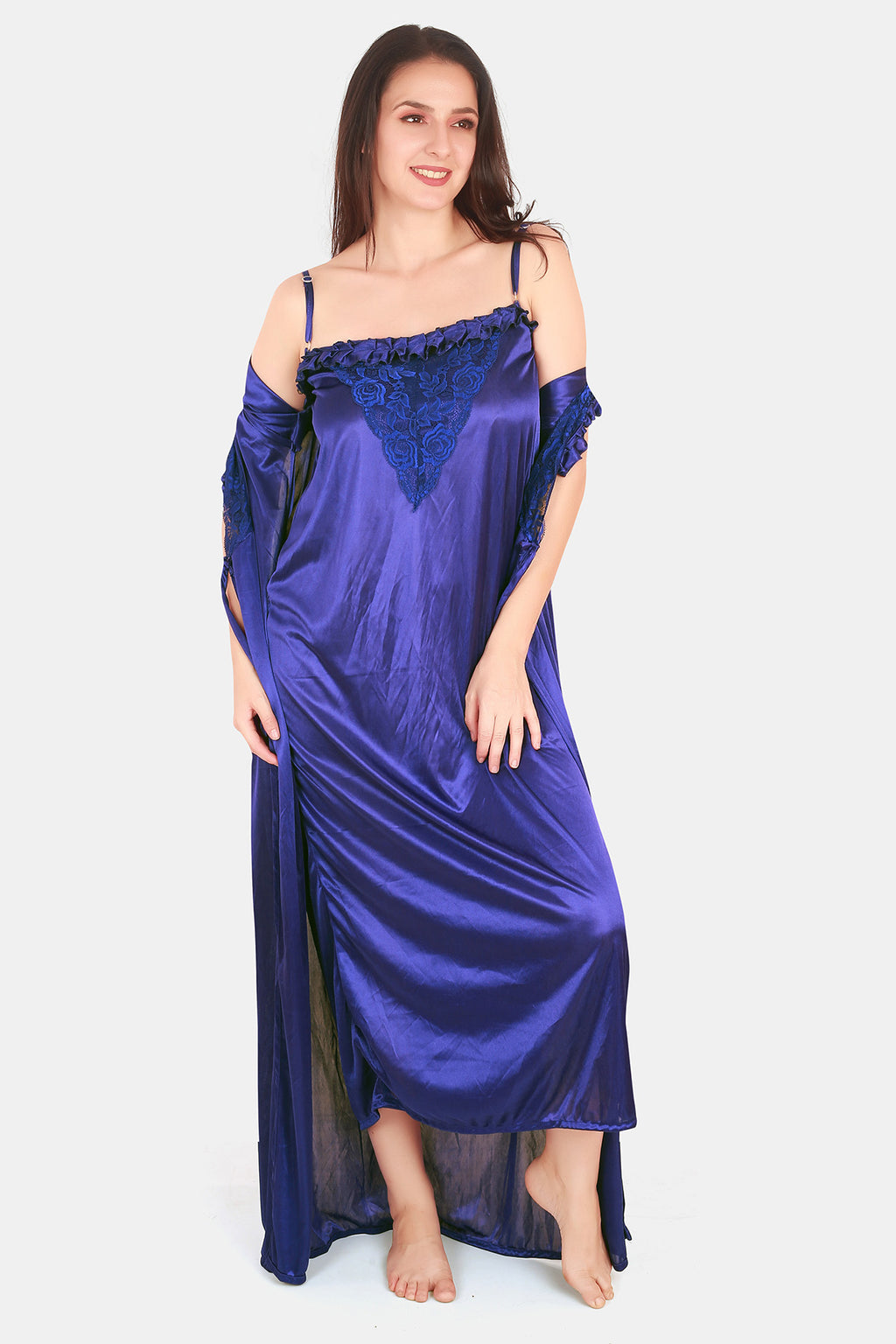 Royal Blue Satin Nighty with Robe Set
