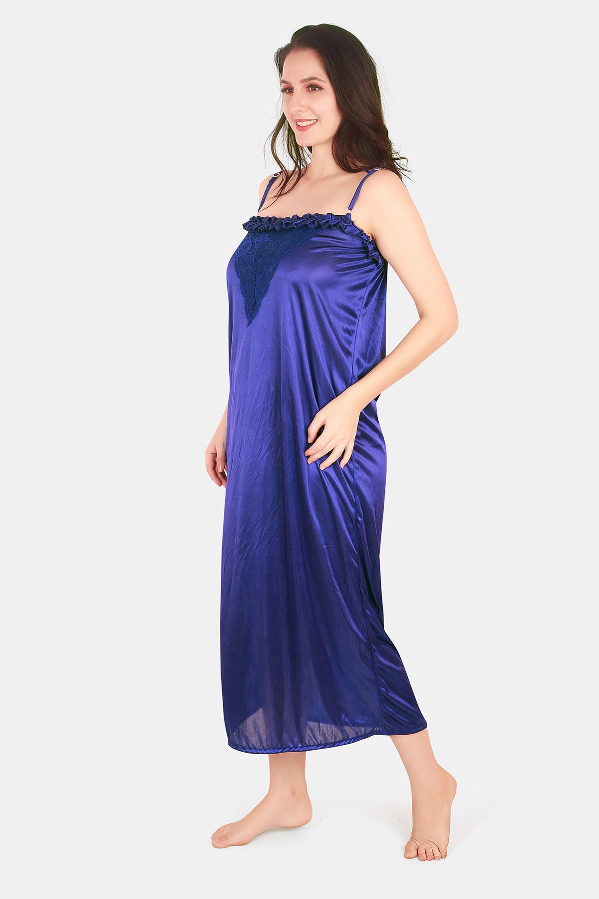 Royal Blue Satin Nighty with Robe Set