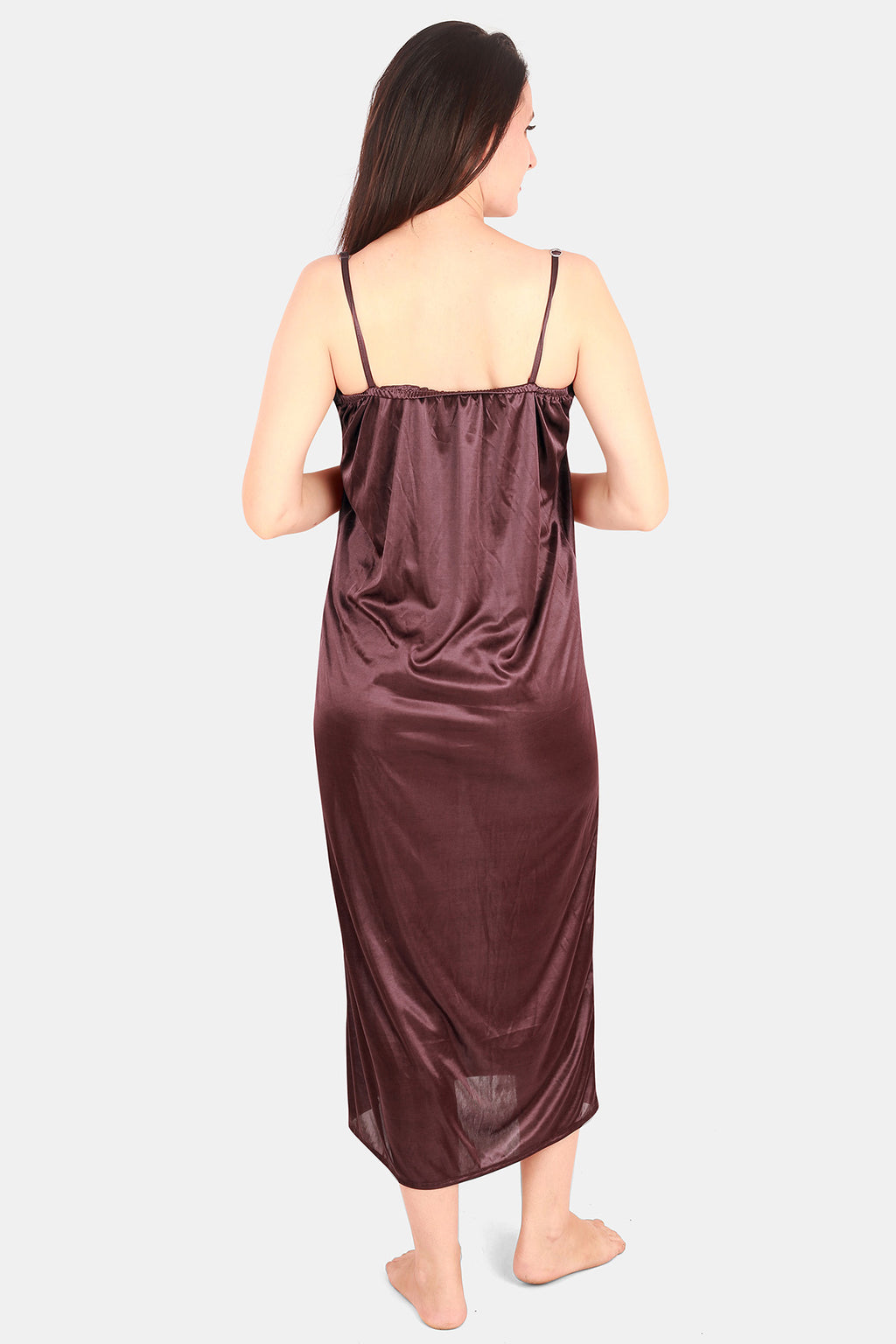 Brown Solid Satin Nighty with Robe Set for Women