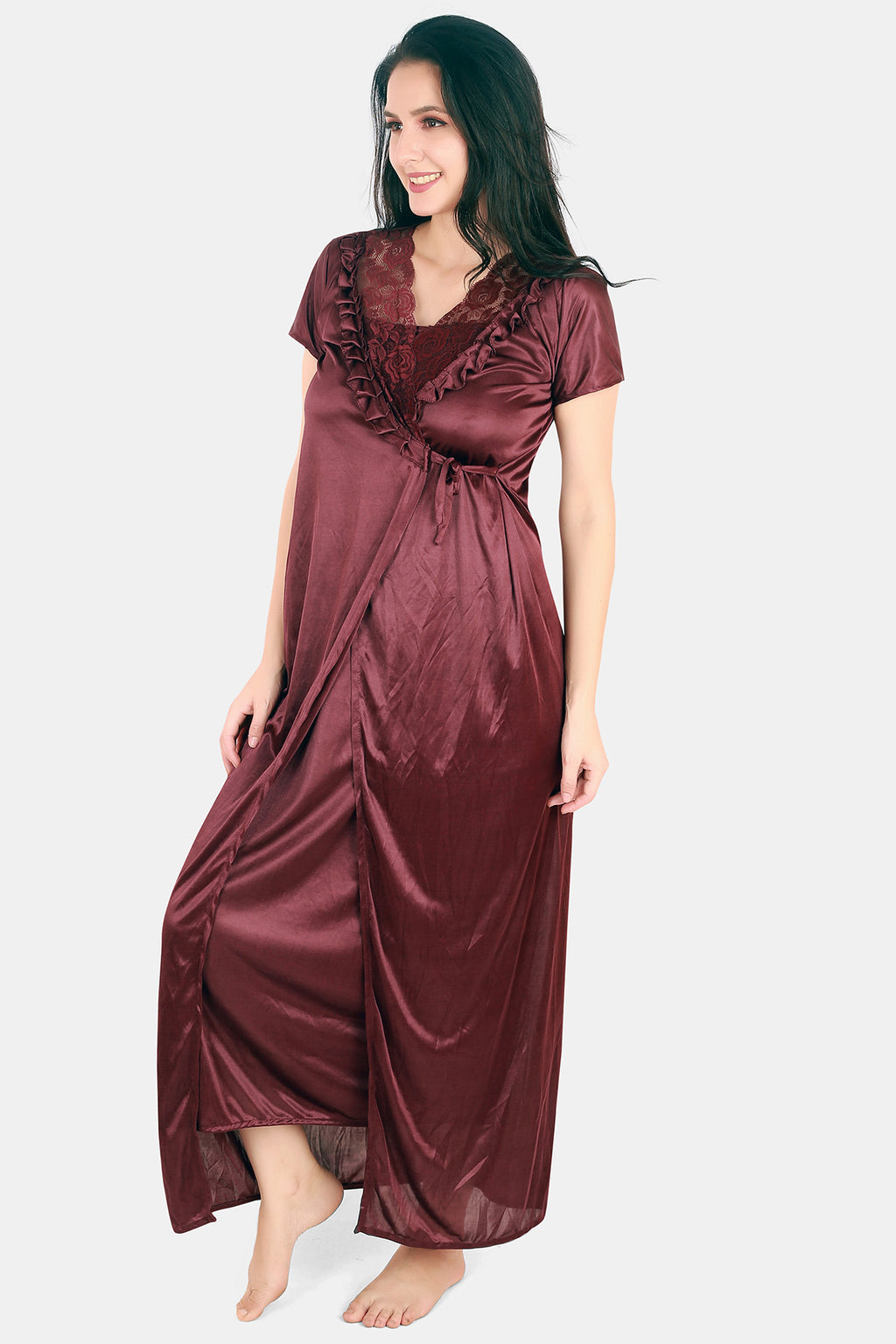 Brown Solid Satin Nighty with Robe Set for Women