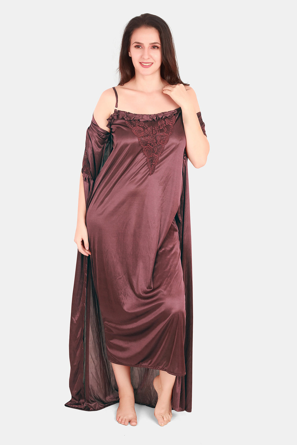 Brown Solid Satin Nighty with Robe Set for Women