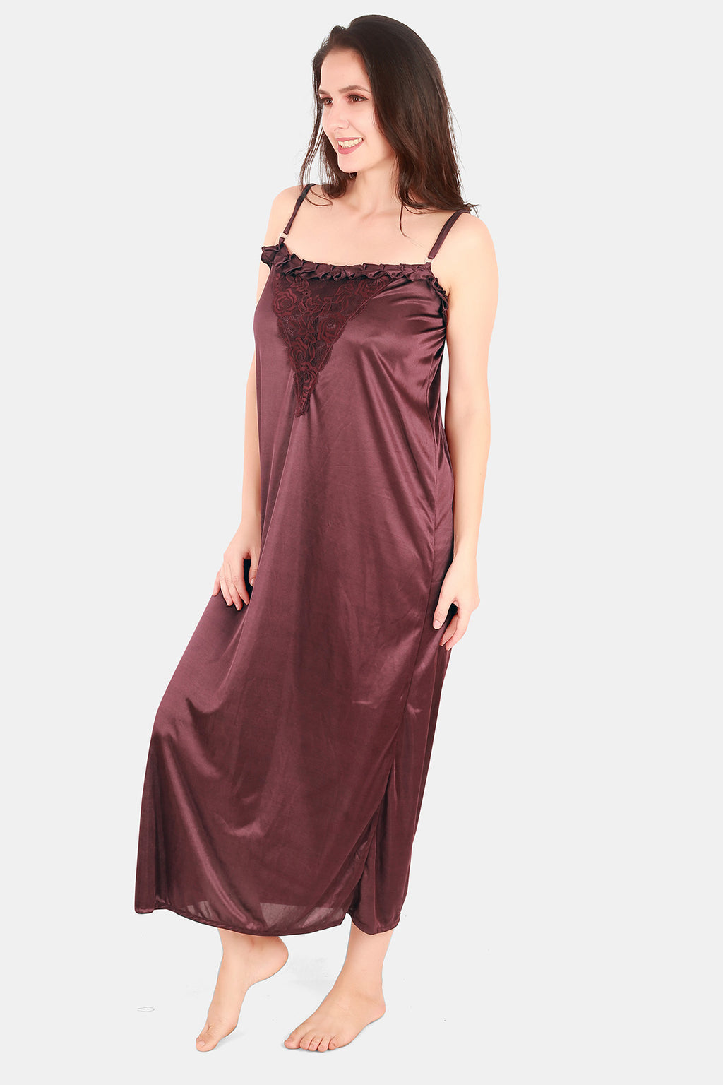 Brown Solid Satin Nighty with Robe Set for Women