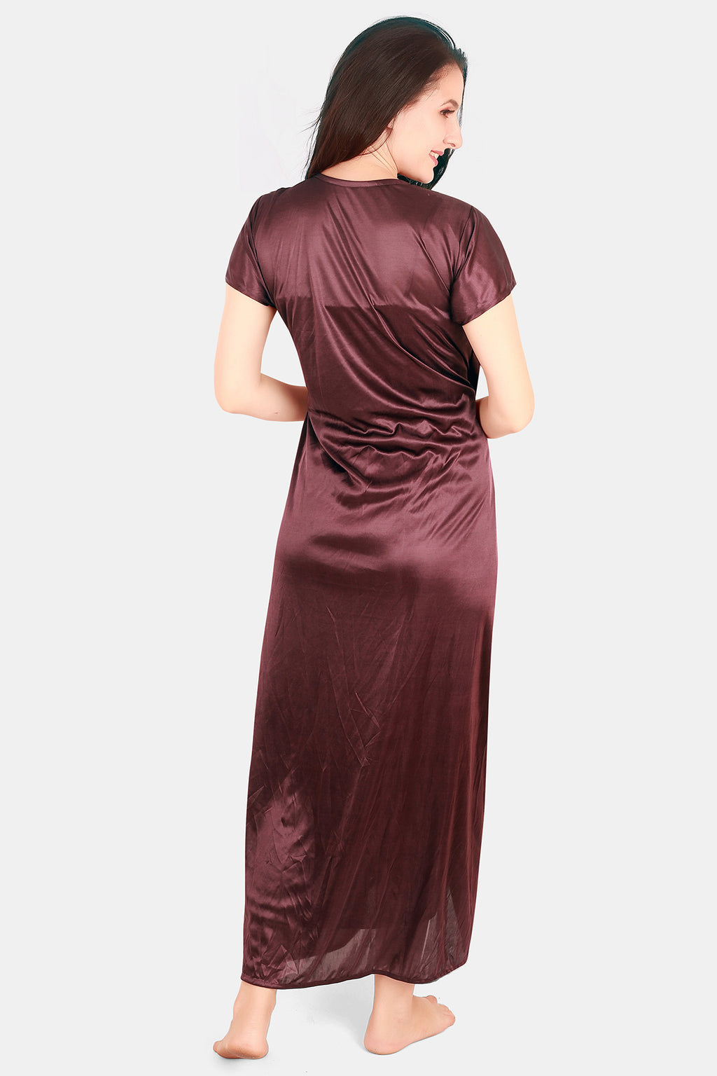 Brown Solid Satin Nighty with Robe Set for Women
