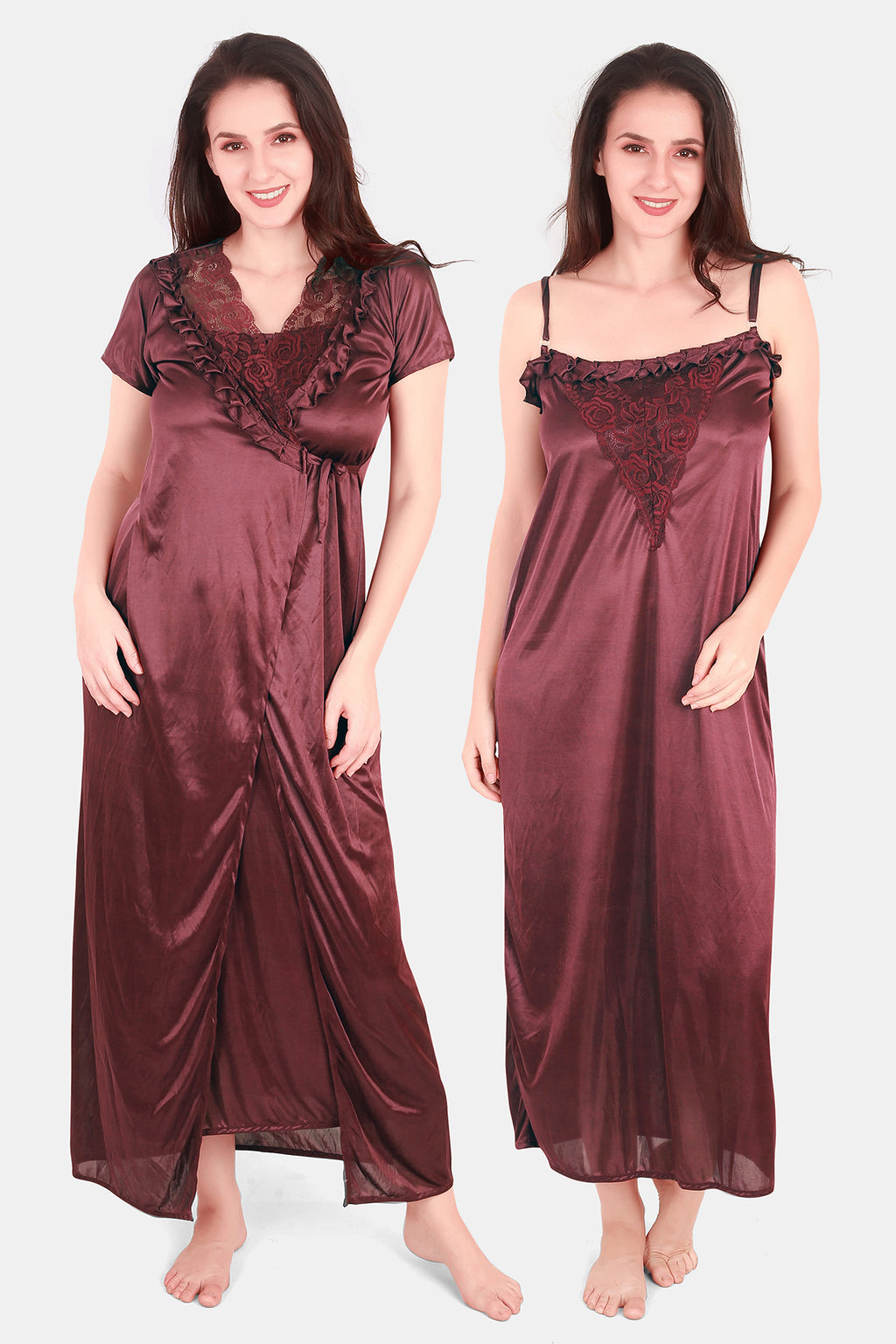 Brown Solid Satin Nighty with Robe Set for Women