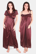 Brown Solid Satin Nighty with Robe Set for Women