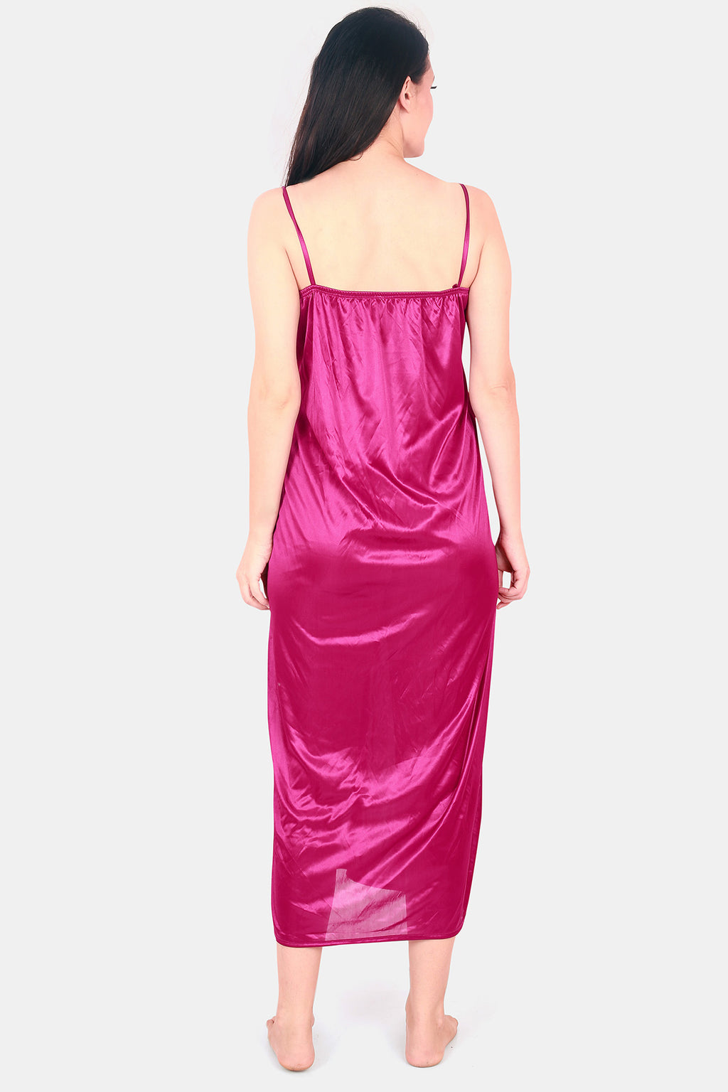 Pink Solid Satin Nighty with Robe for Women