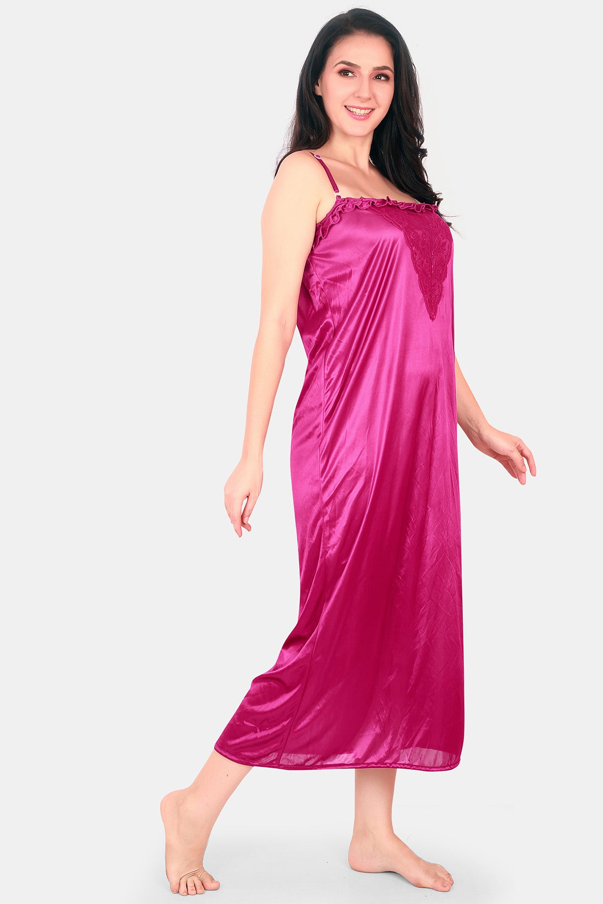Pink Solid Satin Nighty with Robe for Women