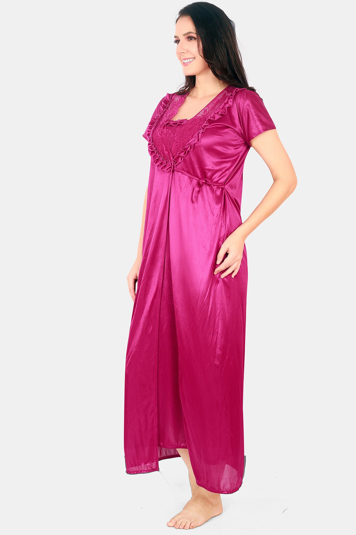 Pink Solid Satin Nighty with Robe for Women
