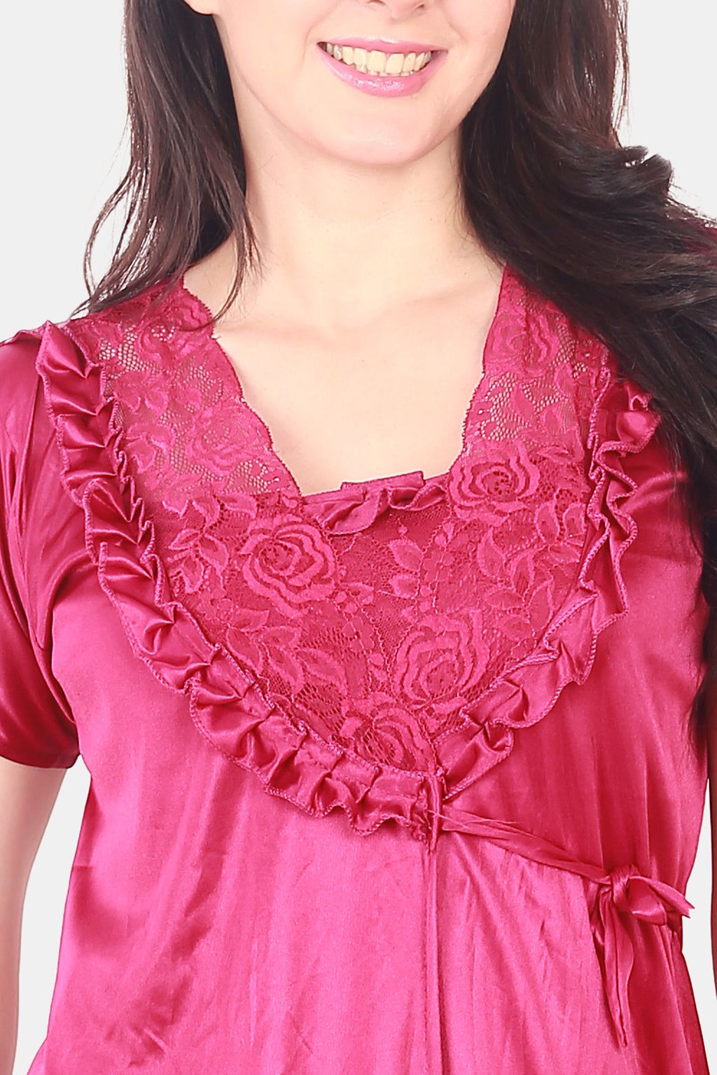 Pink Solid Satin Nighty with Robe for Women