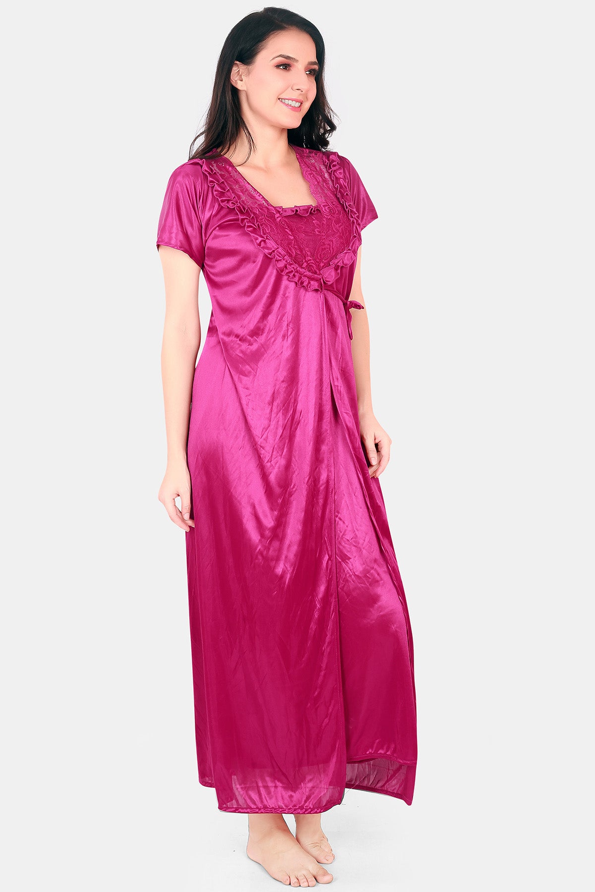 Pink Solid Satin Nighty with Robe for Women