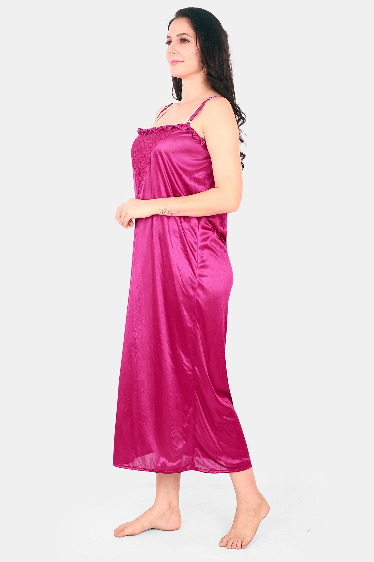 Pink Solid Satin Nighty with Robe for Women
