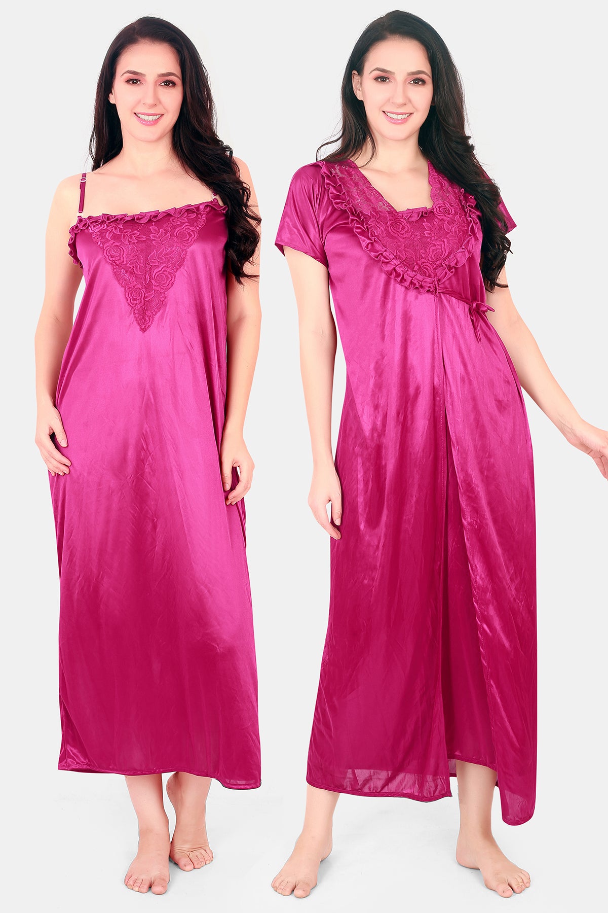 Pink Solid Satin Nighty with Robe for Women