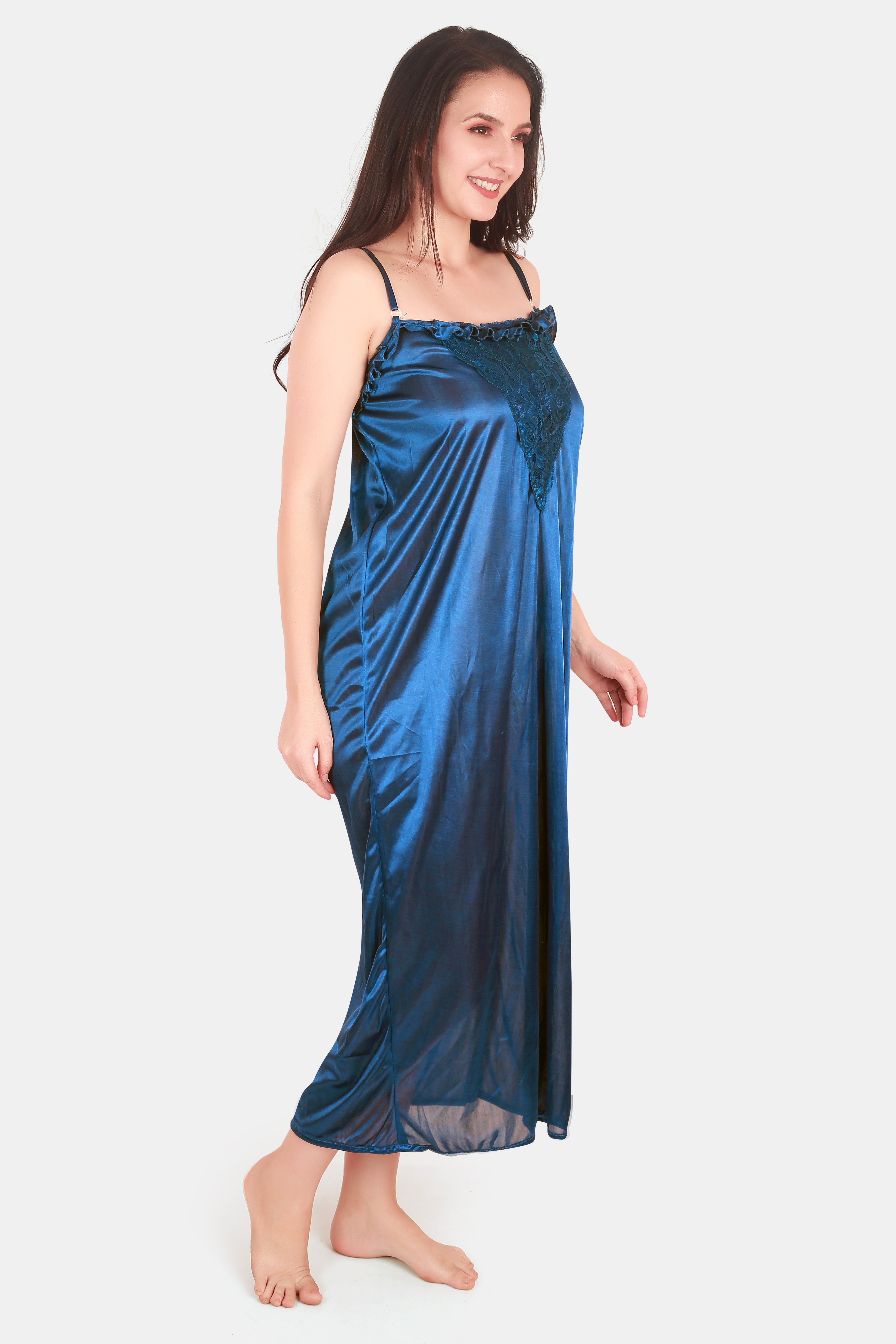 Solid Satin Nighty for Women Blue Front