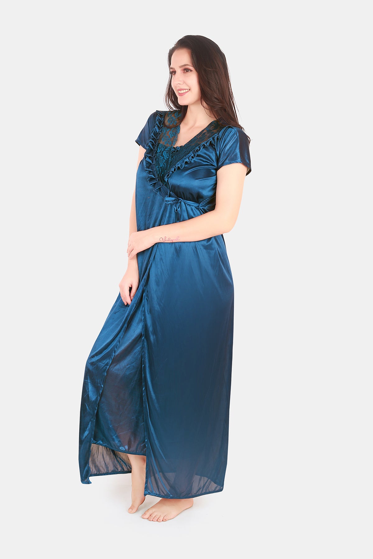 Solid Satin Robe for Women Blue Front