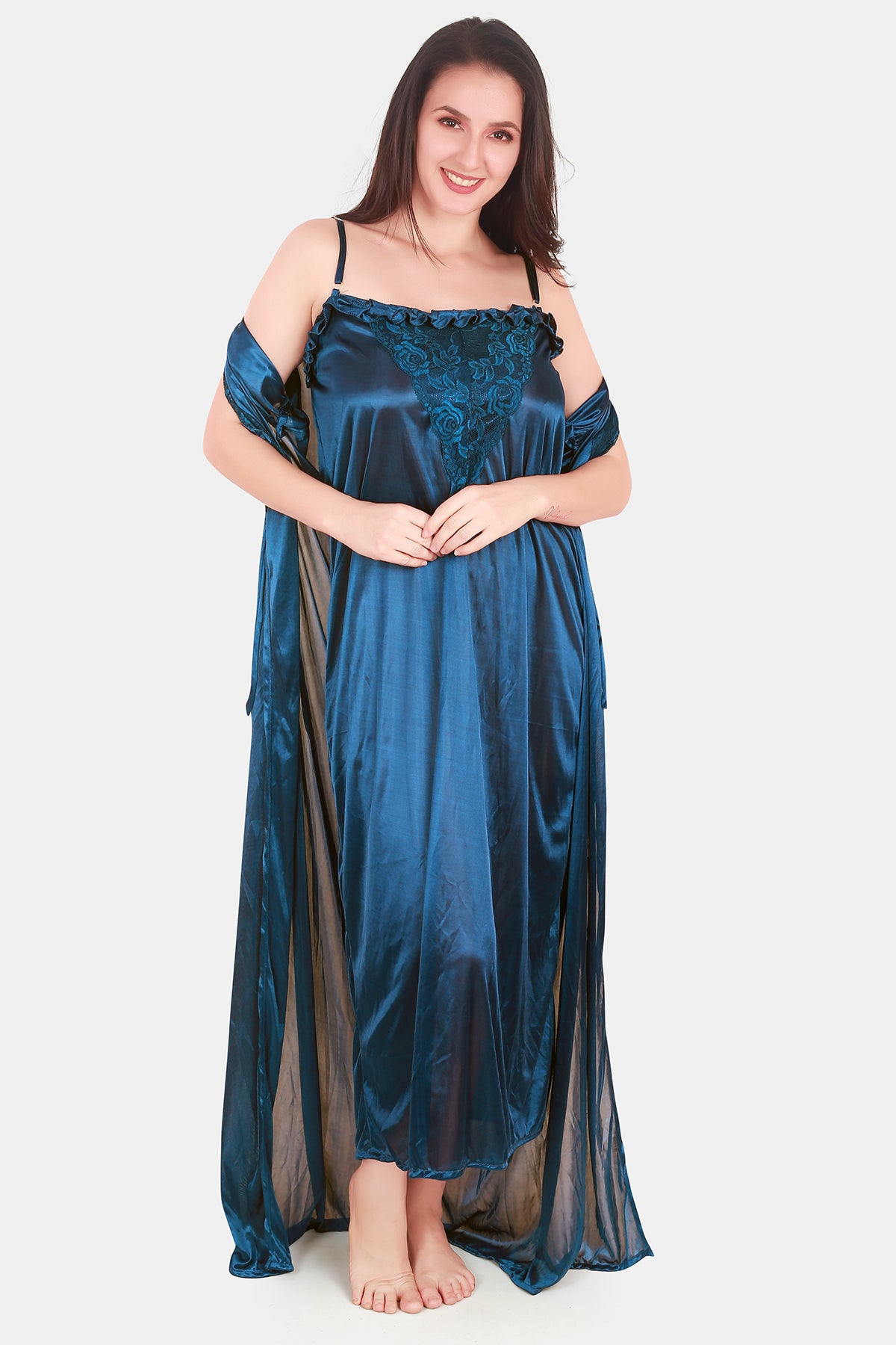 Solid Satin Nighty with Robe for Women Blue 