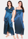 Solid Satin Nighty with Robe for Women Blue Front