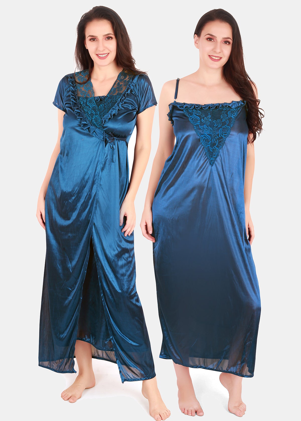 Solid Satin Nighty with Robe for Women Blue Front
