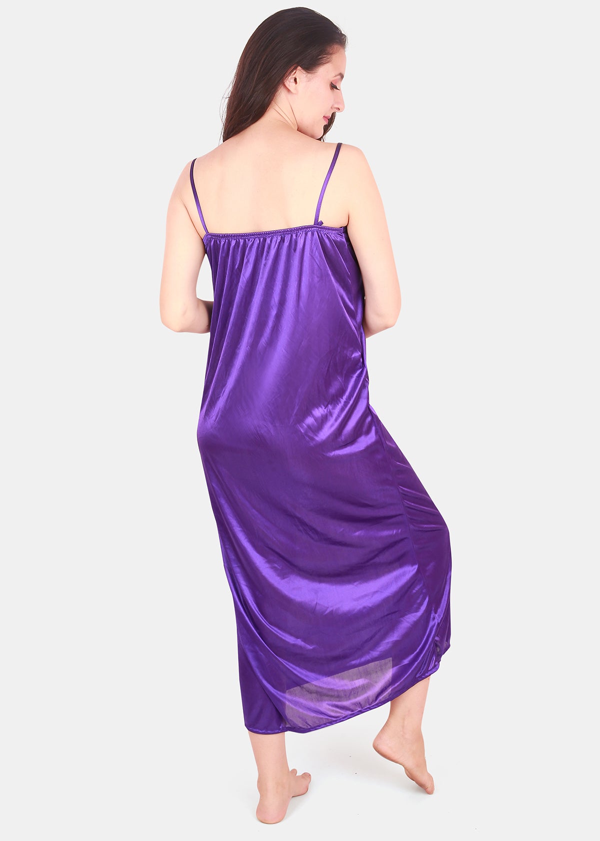 Purple Solid Satin Nighty with Robe Set for Women