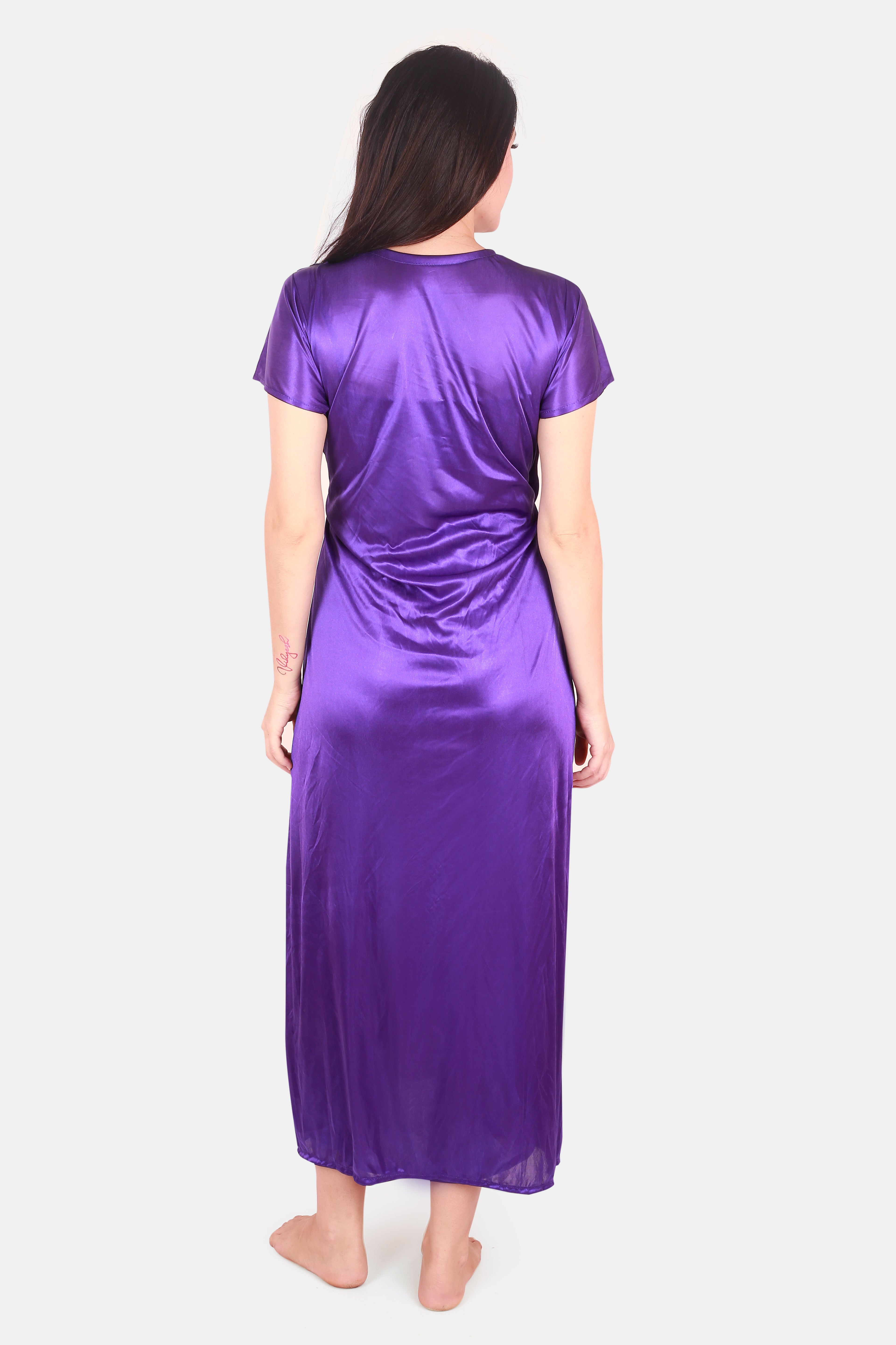 Purple Solid Satin Nighty with Robe Set for Women