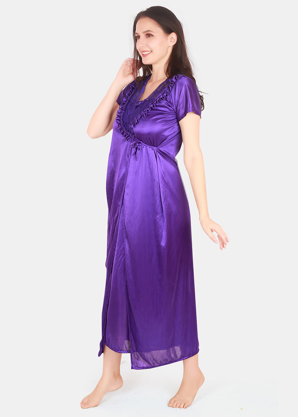Purple Solid Satin Nighty with Robe Set for Women