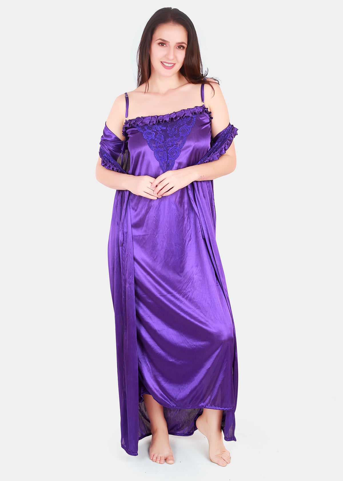 Purple Solid Satin Nighty with Robe Set for Women