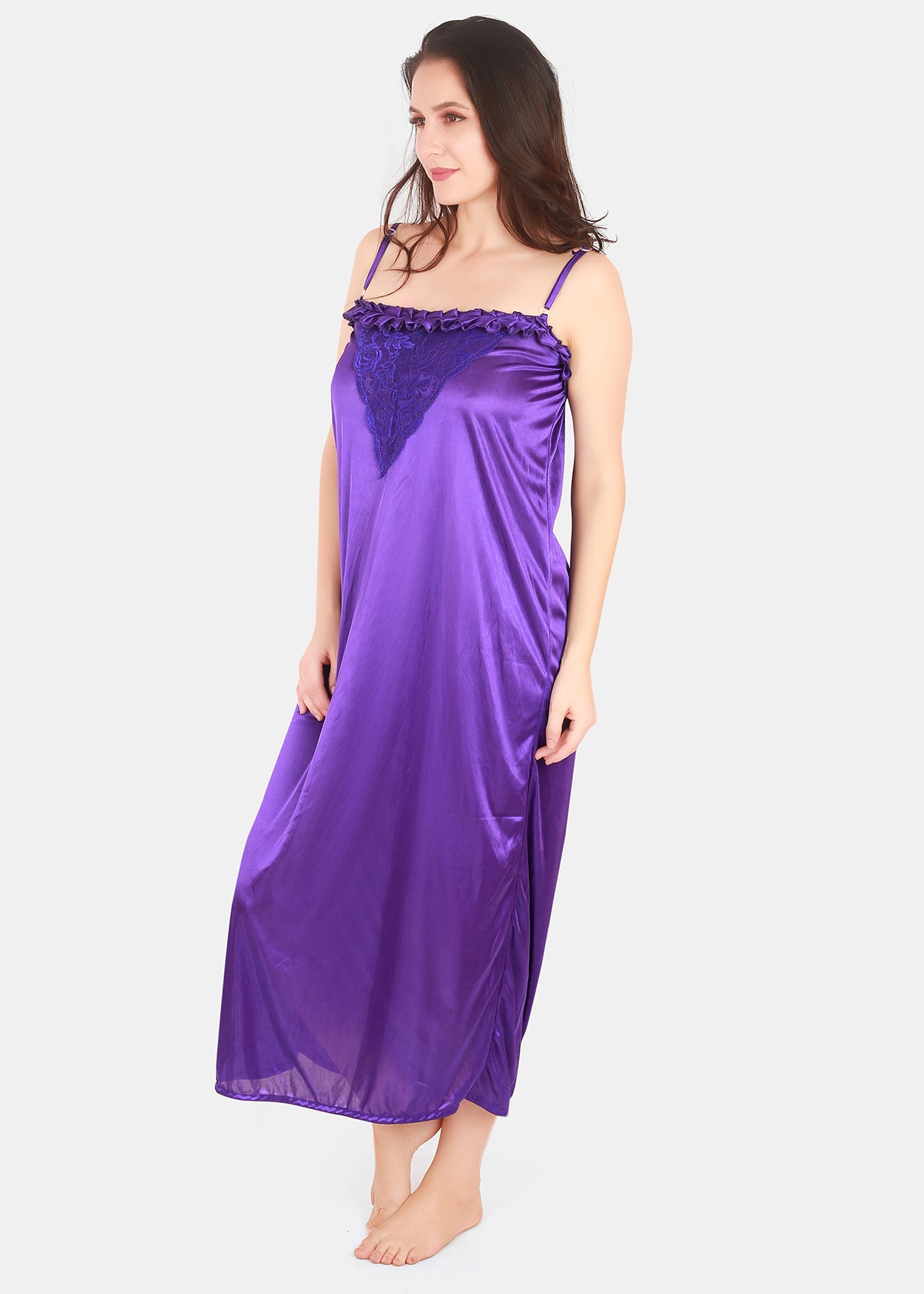 Purple Solid Satin Nighty with Robe Set for Women