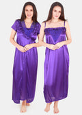 Purple Solid Satin Nighty with Robe Set for Women