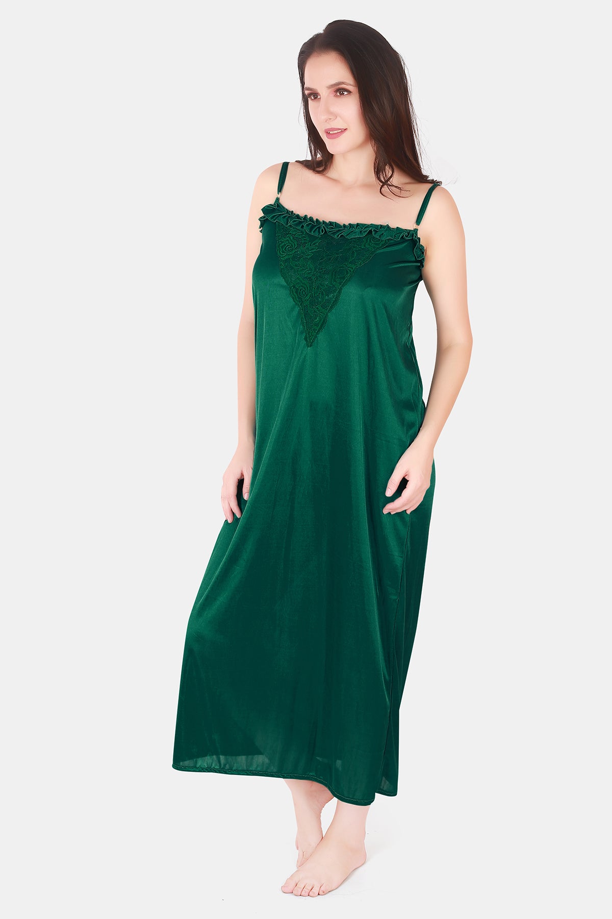 Solid Satin Nighty for Women Bottle Green