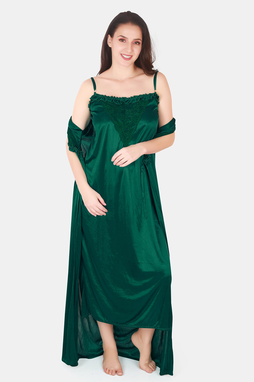 Solid Satin Nighty with Robe for Women Bottle Green