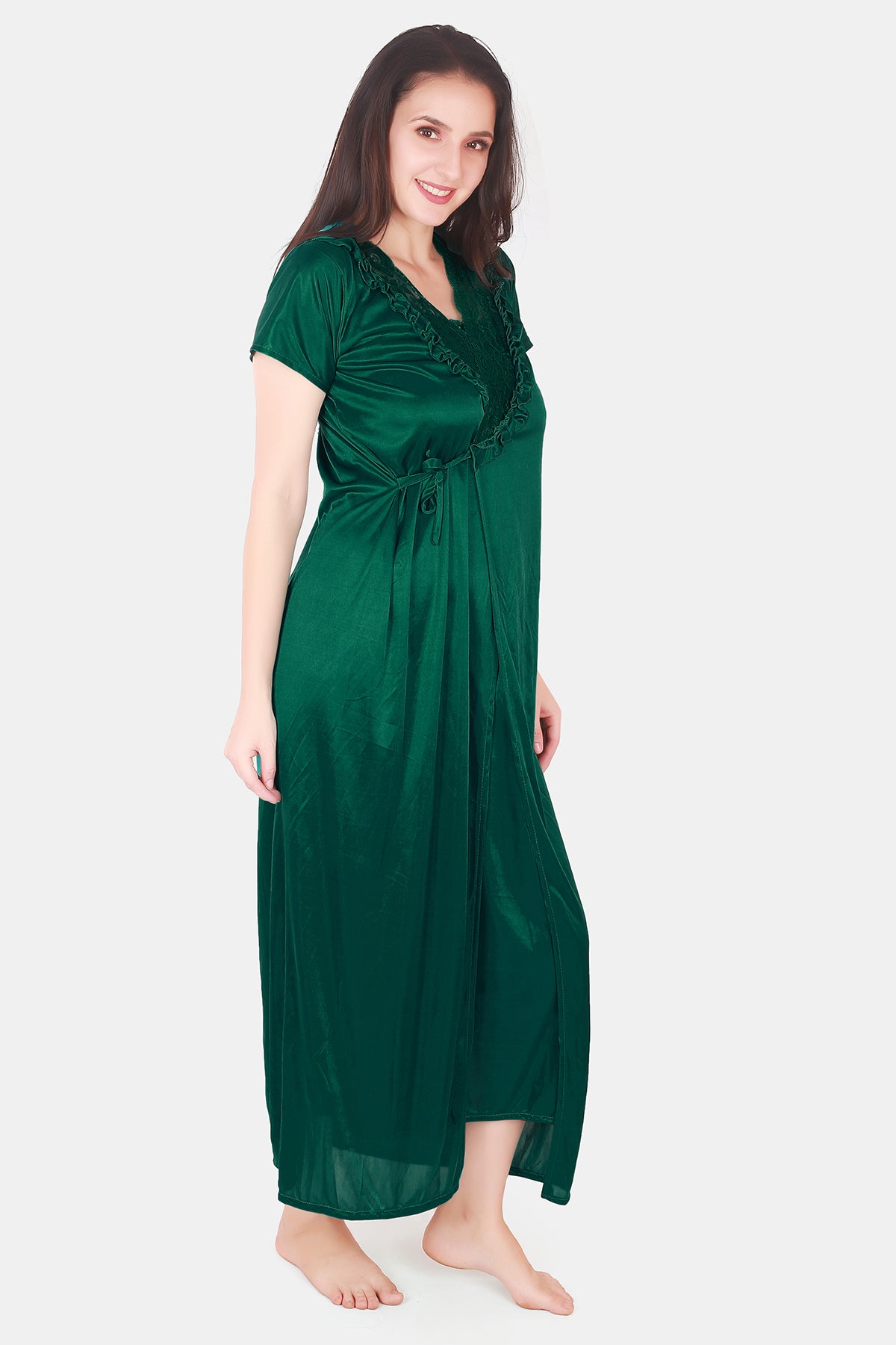 Solid Satin Robe for Women Bottle Green
