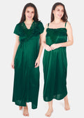 Solid Satin Nighty with Robe for Women Bottle Green Both 