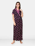 Women Satin Conversational Printed Maxi Wrap Nightdress