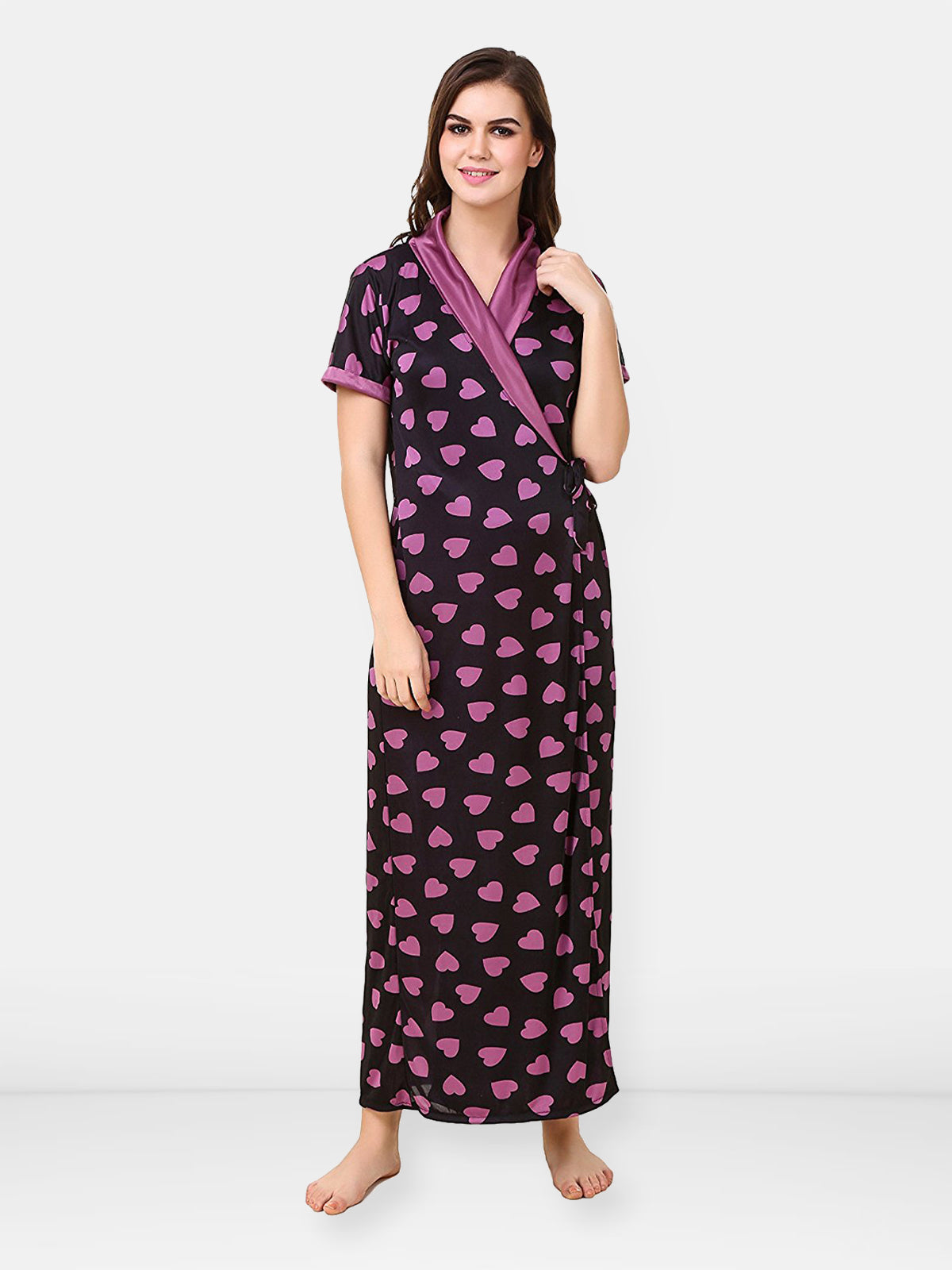 Women Satin Conversational Printed Maxi Wrap Nightdress