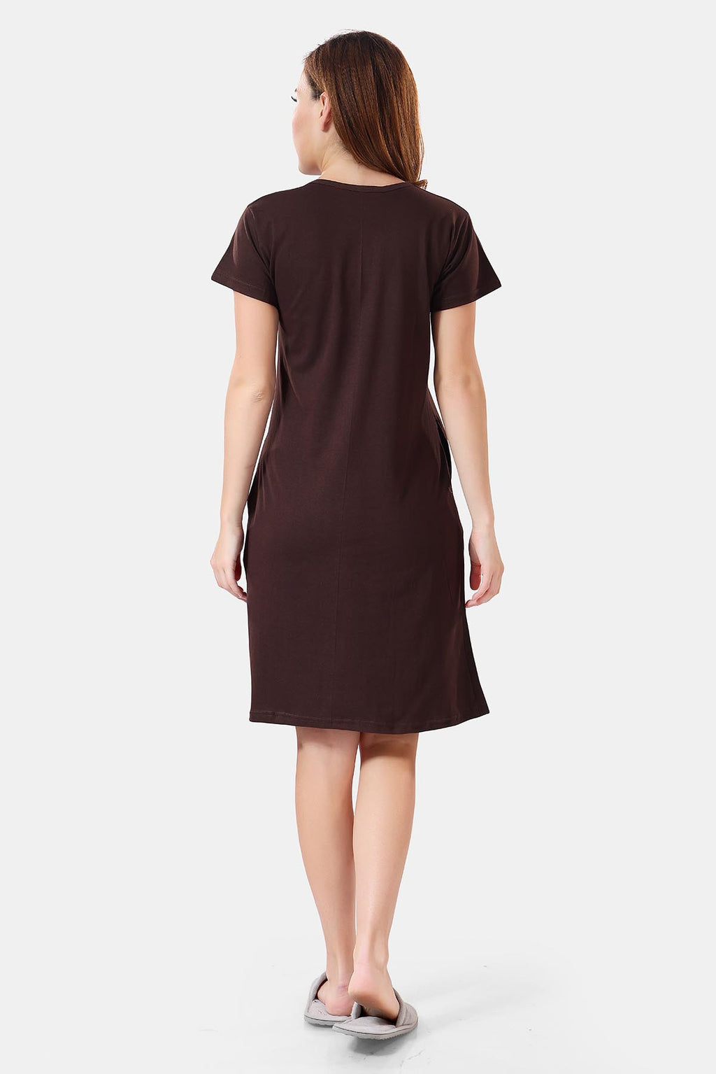 Solid Hosiery Cotton Short Midi Nighty/ Nightdress for Women, Brown