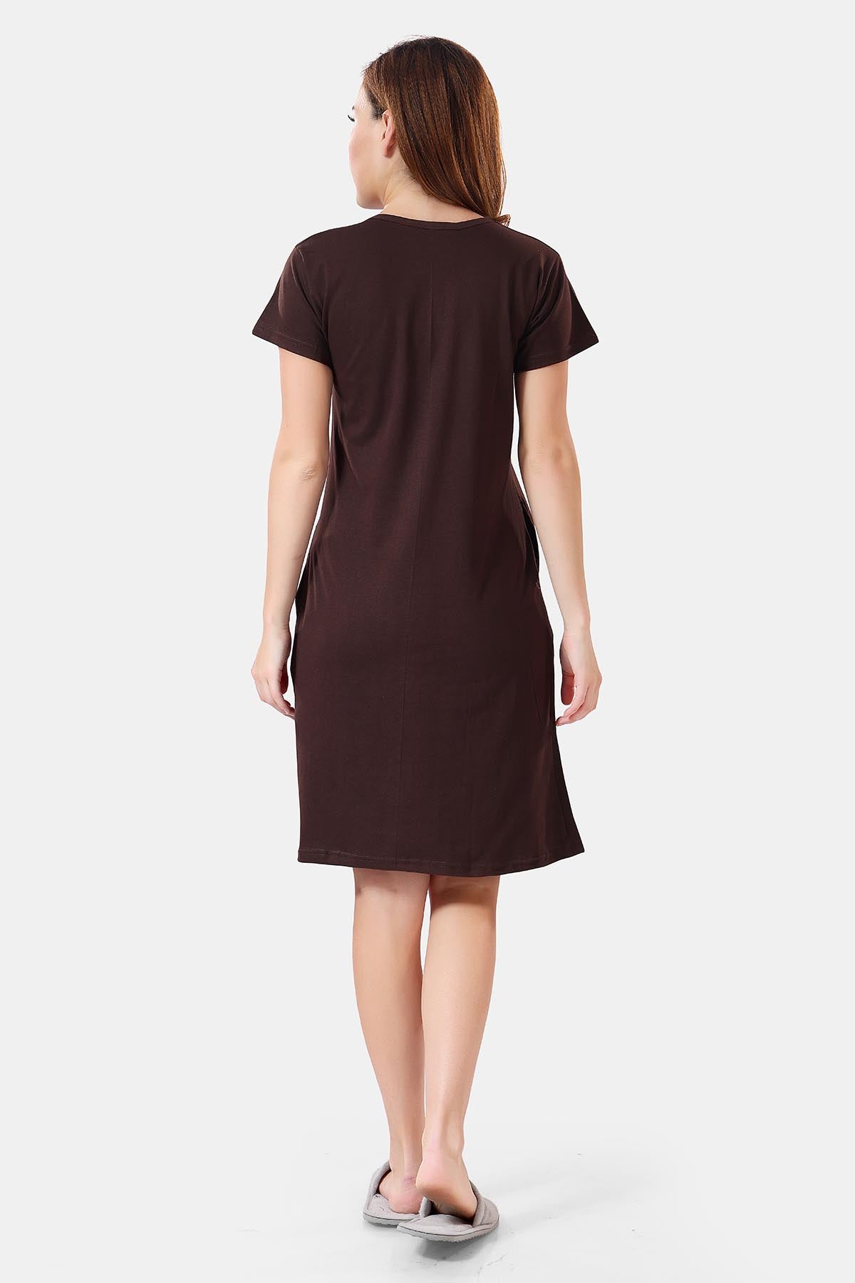 Solid Hosiery Cotton Short Midi Nighty/ Nightdress for Women, Brown