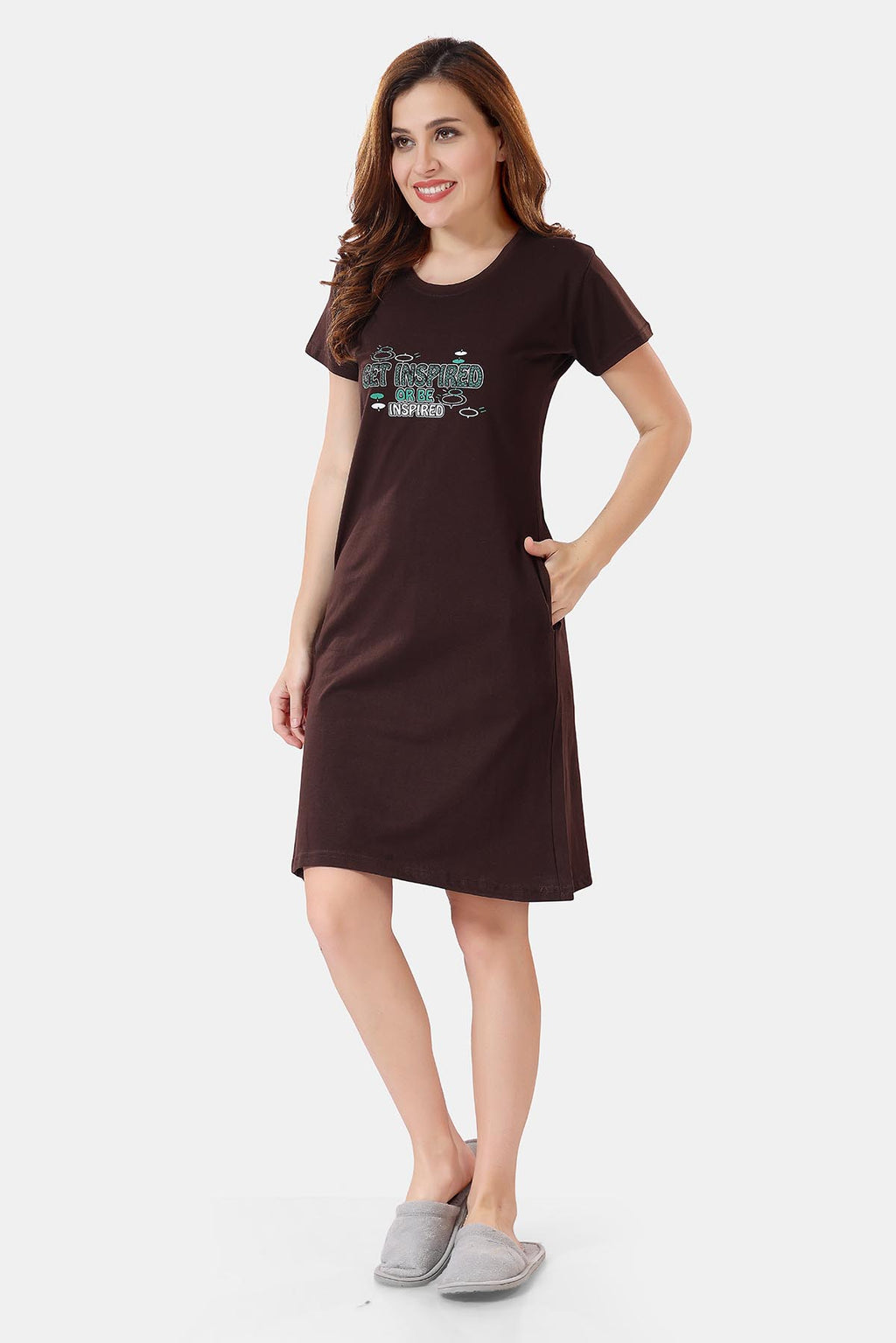 Solid Hosiery Cotton Short Midi Nighty/ Nightdress for Women, Brown