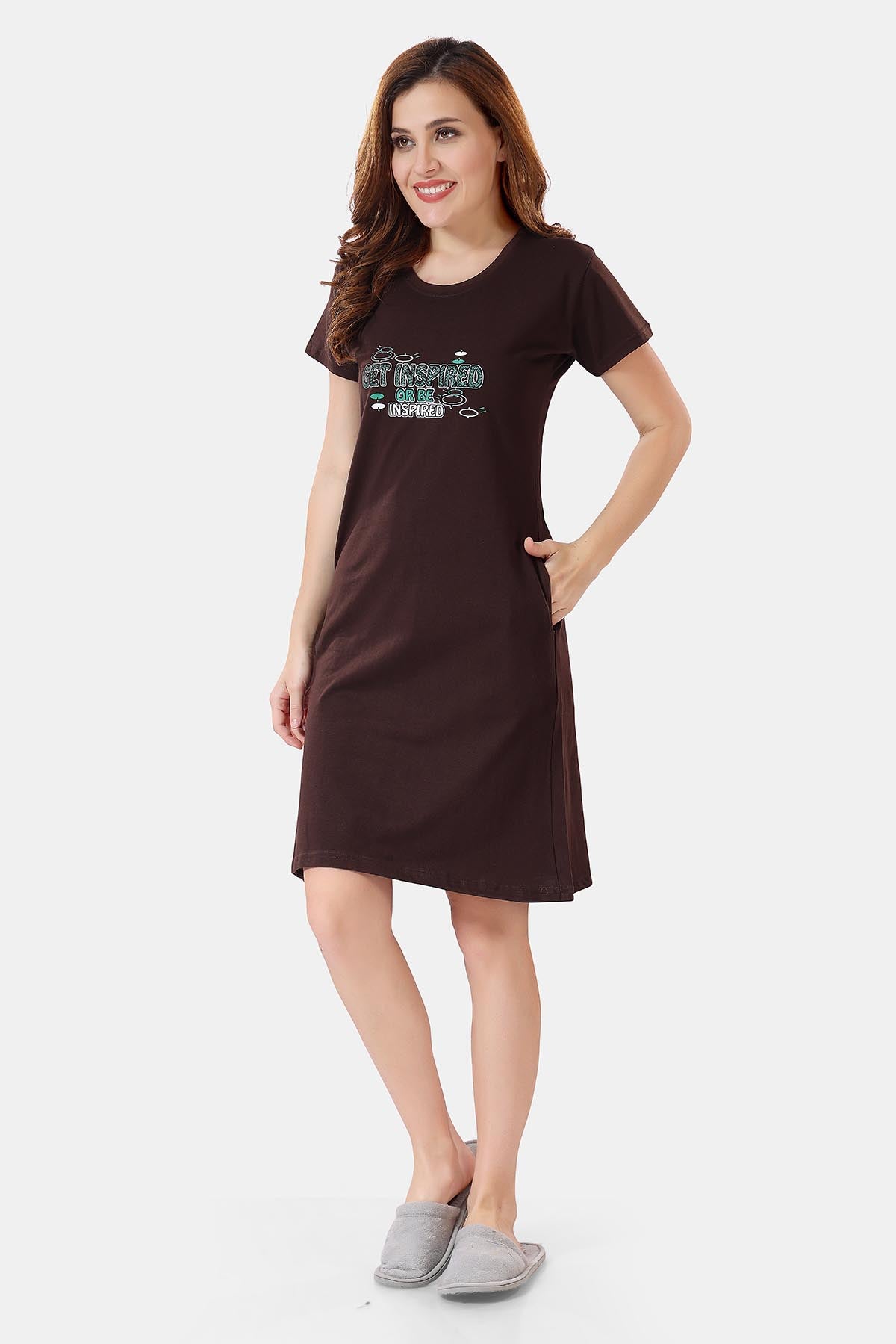 Solid Hosiery Cotton Short Midi Nighty/ Nightdress for Women, Brown