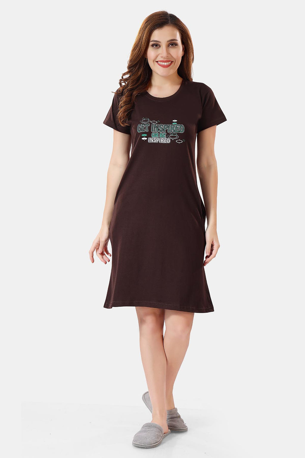 Solid Hosiery Cotton Short Midi Nighty/ Nightdress for Women, Brown