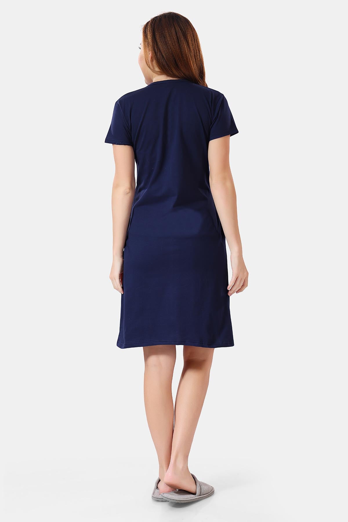 Navy Blue Solid Hosiery Cotton Short Midi Nighty for Women